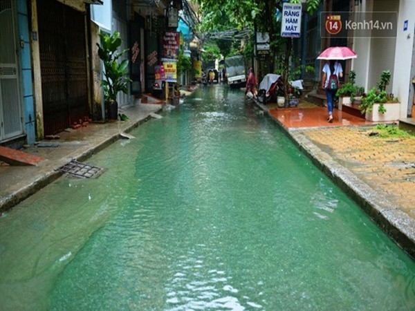 Nước ngập màu xanh kỳ lạ tại Hà Nội có thể gây viêm da