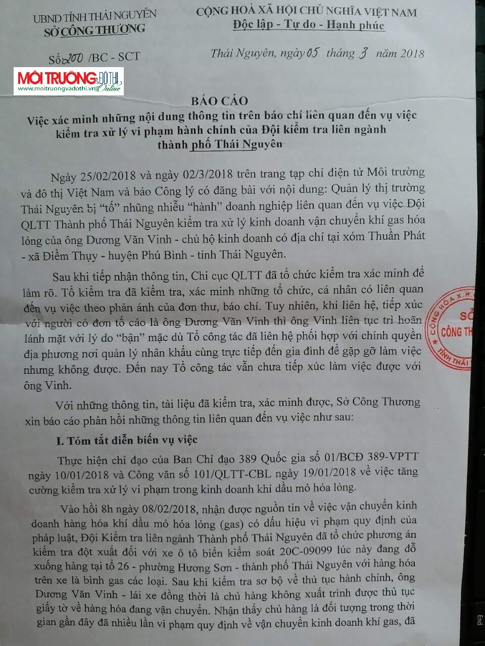 Vụ Đội QLTT Phú Bình bị tố: Sở Công thương trả lời MT&ĐT Việt Nam