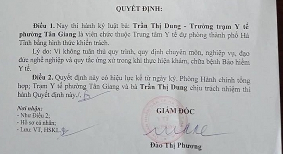 Hà Tĩnh: Trạm trưởng Y tế phường Tân Giang (TP.Hà Tĩnh) bị kỷ luật