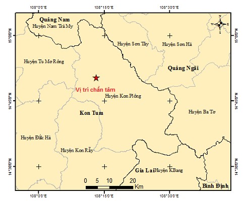 Bản đồ tâm chấn động đất tại Kon Plông, chiều tối ngày 26-9-2021