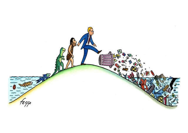 Bức vẽ của họa sĩ Felipe Galindo (Mỹ) về sự tiến hóa của con người. Sự sống nhỏ bé xuất hiện đầu tiên trên Trái Đất bắt đầu từ đại dương. Và giờ đây, khi con người đang ở nền văn minh phát triển nhất, chúng ta trả lại gì cho mẹ biển cả?