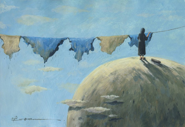 Bức vẽ của họa sĩ Shahram Rezaei (Iran). Hãy để Trái Đất còn thực sự là mái nhà xanh của con người. Tấm áo phủ lên Trái Đất chính là đất đai và biển cả, tấm áo ấy đã phải chứng kiến sự nhem nhuốc vì ô nhiễm.