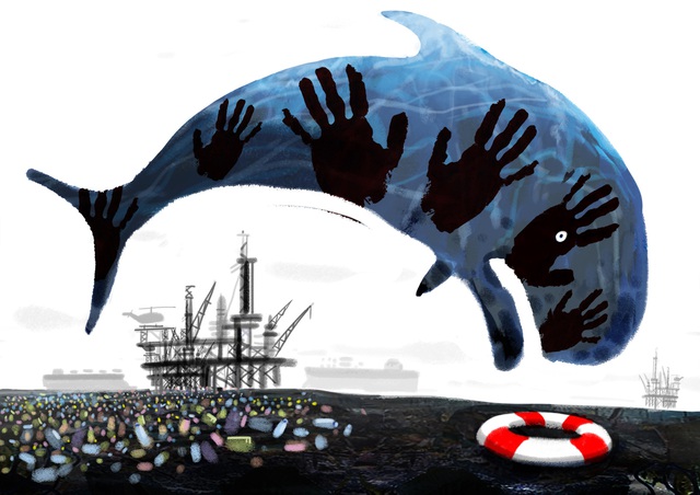 Bức vẽ của Markus Grolik (Đức). Những vụ tràn dầu, rác thải, chai lọ nhựa đang khiến các loài động vật biển phải đối diện với những nguy cơ của sự tồn vong.