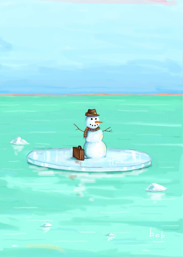 Bức vẽ của Bob Eckstein (Mỹ) về một người tuyết đi di cư trong cảnh… băng tan.