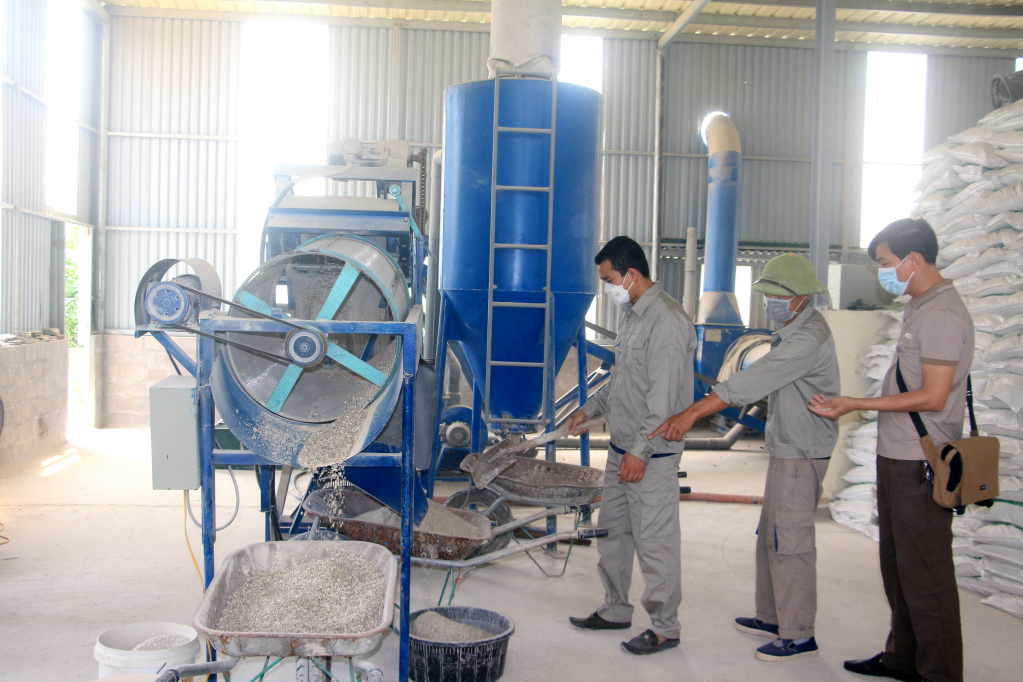 Tái chế vỏ hàu thành sản phẩm thức ăn chăn nuôi gia súc, gia cầm và phân bón tại HTX Phát triển hàu sữa Quảng Ninh (Vân Đồn). Ảnh: Mạnh Trường