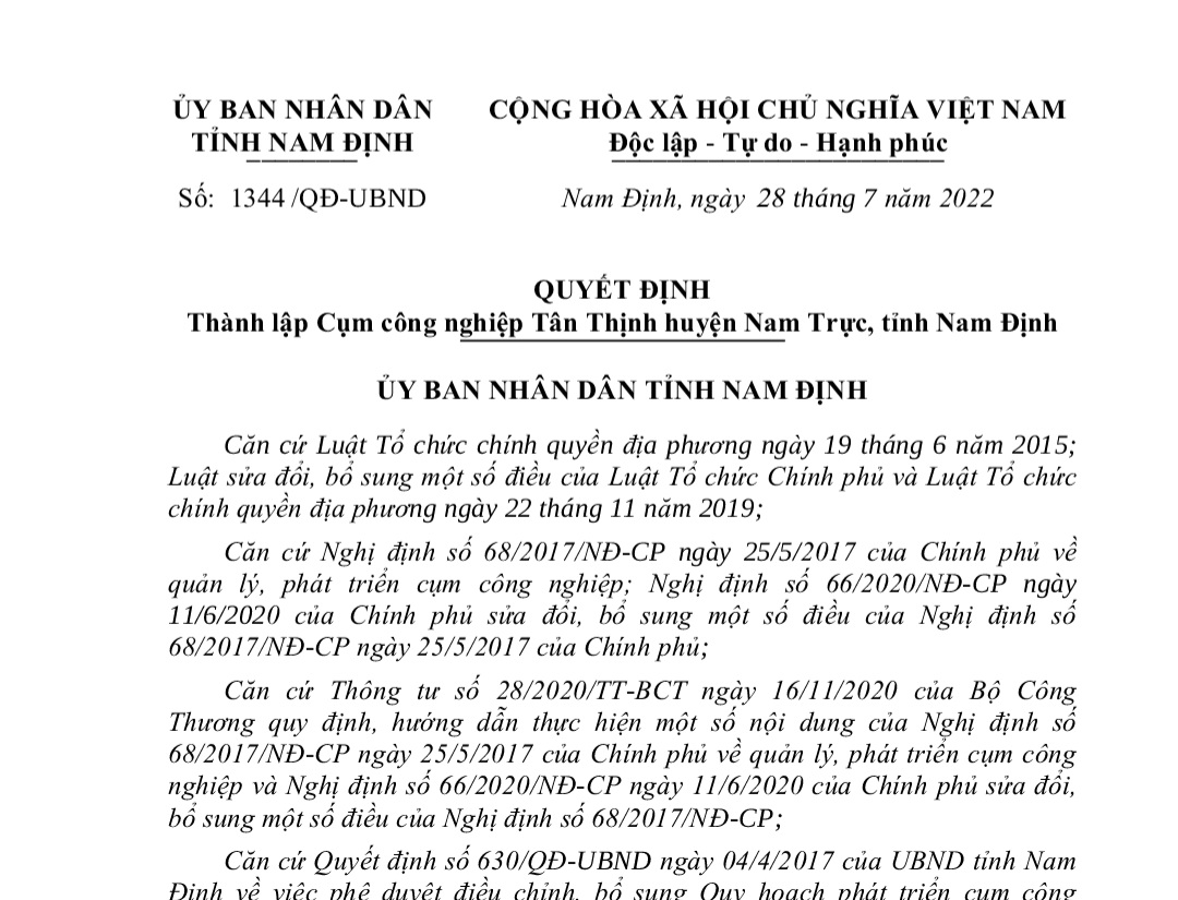 Văn bản quyết định th&amp;agrave;nh lập Cụm c&amp;ocirc;ng nghiệp T&amp;acirc;n Thịnh của UBND tỉnh Nam Định.