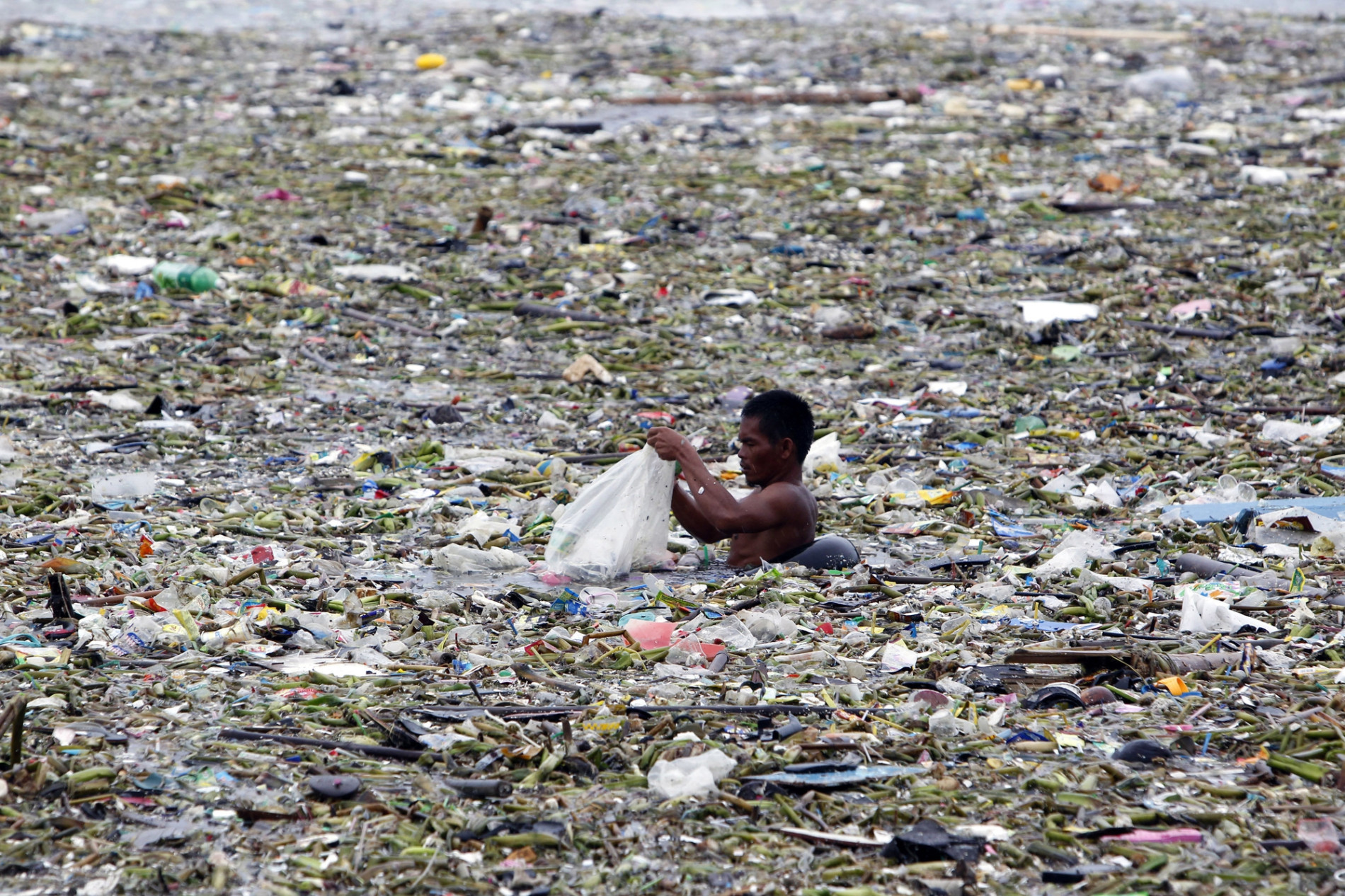 Một người nhặt chai nhựa trong rác thải tại vịnh Manila, Philippines sau một cơn bão năm 2012