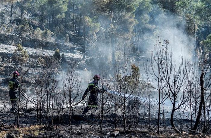 Nhân viên cứu hỏa nỗ lực khống chế đám cháy rừng tại Fuente de la Reina, Tây Ban Nha, ngày 29/3/2023. Ảnh minh họa: AFP/TTXVN