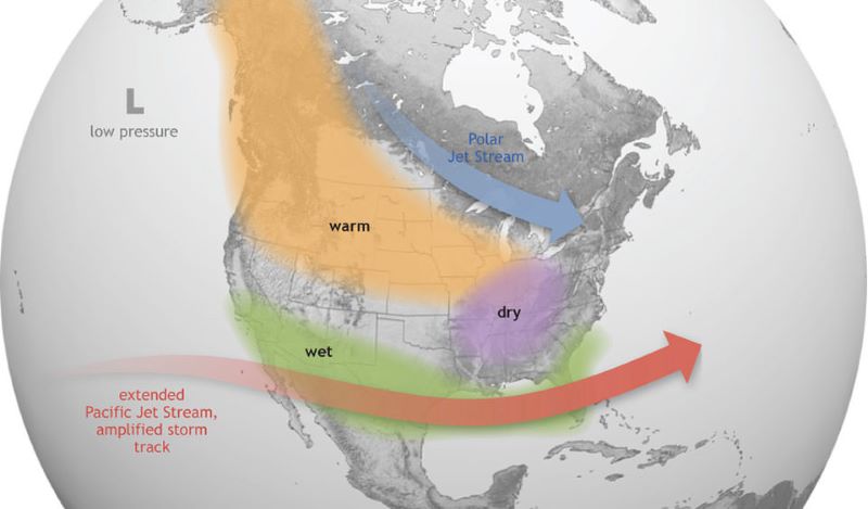 El Nino mang đến thời tiết ẩm ướt cho vùng Nam nước Mỹ, và thời tiết ấm cho các bang phía Bắc và Canada. Ảnh: NOAA