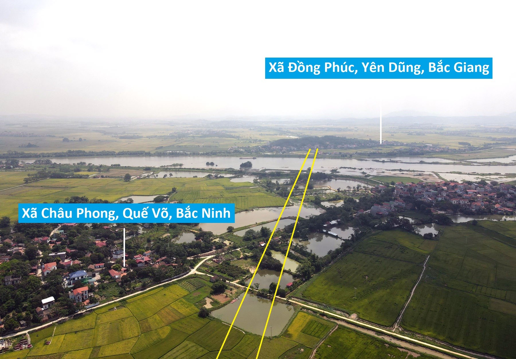 Toàn cảnh vị trí quy hoạch xây cầu vượt sông Cầu trên tuyến cao tốc Nội Bài - Hạ Long nối Bắc Ninh - Bắc Giang