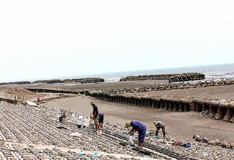 Rác thải nhựa trôi dạt vào kè biển xã Hải Triều (ảnh báo Nam Định)