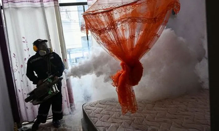 Phun thuốc diệt muỗi tại một ngôi nhà ở Peru ngày 11/6.
