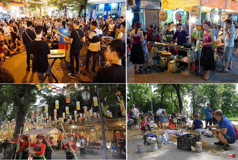 Các KGCC – Sáng tạo không chỉ dừng lại ở các hoạt động thể chất mà ngày càng thu hút các hoạt động đa dạng: ca nhạc, ẩm thực, văn nghệ dân gian Tây Bắc trên phố Phùng Hưng, trò chơi dân gian truyền thống, thân thiện môi trường trên Hồ Gươm.