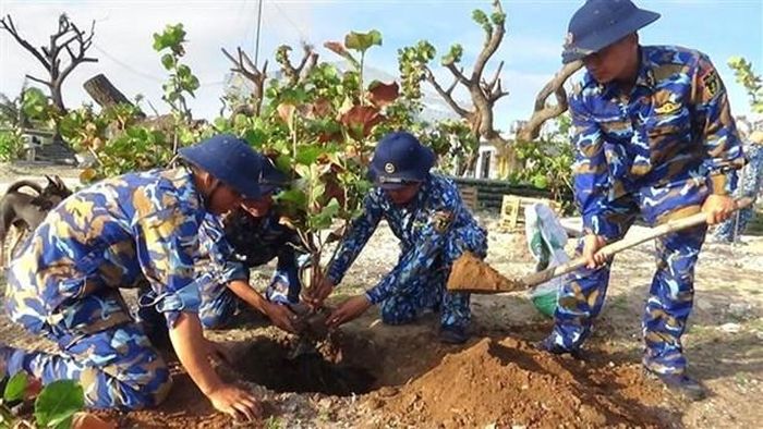 Cán bộ, chiến sỹ trồng cây xanh trên các đảo huyện Trường Sa (tỉnh Khánh Hòa). (Ảnh: TTXVN phát)