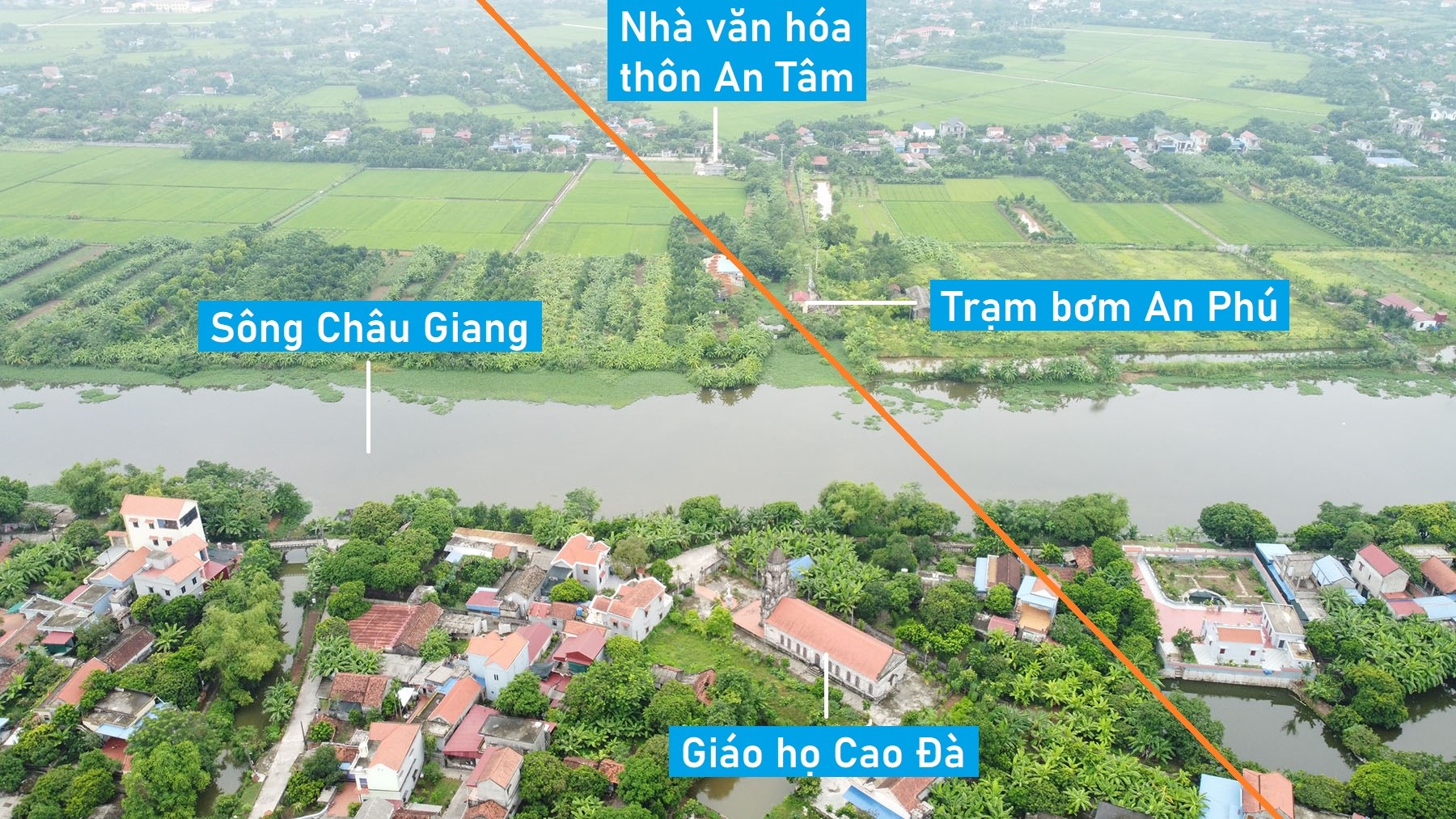 Toàn cảnh vị trí quy hoạch xây cầu vượt sông Châu Giang nối xã An Ninh, Bình Lục với Nhân Mỹ, Lý Nhân, Hà Nam
