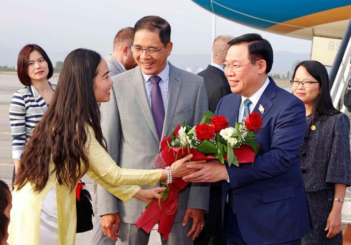 Đại sứ Đỗ Hoàng Long (giữa) đón Chủ tịch Quốc hội Vương Đình Huệ tại sân bay quốc tế Sofia. (Nguồn: TTXVN)
