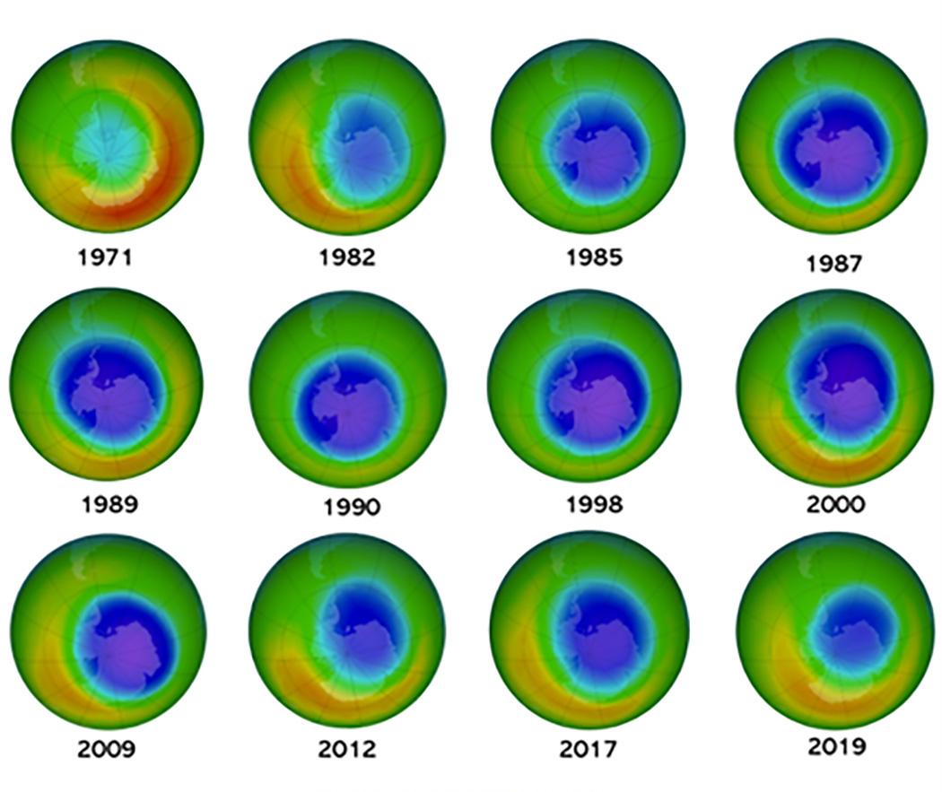 Màu xanh nước biển và tím là những khu vực có ít ozone nhất, màu vàng và đỏ là khu vực có nhiều ozone - Nguồn: NASA