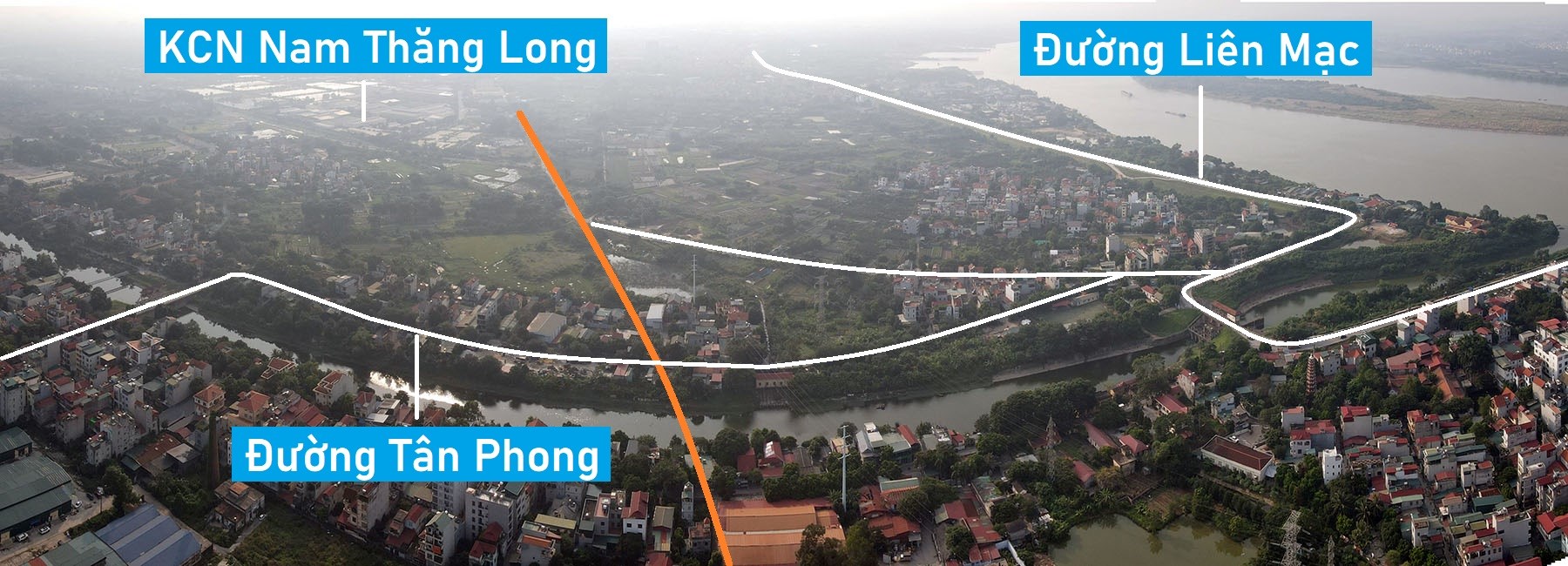 Toàn cảnh vị trí quy hoạch xây cầu vượt sông Nhuệ trên tuyến đường từ cầu Nhật Tân đến KCN Nam Thăng Long
