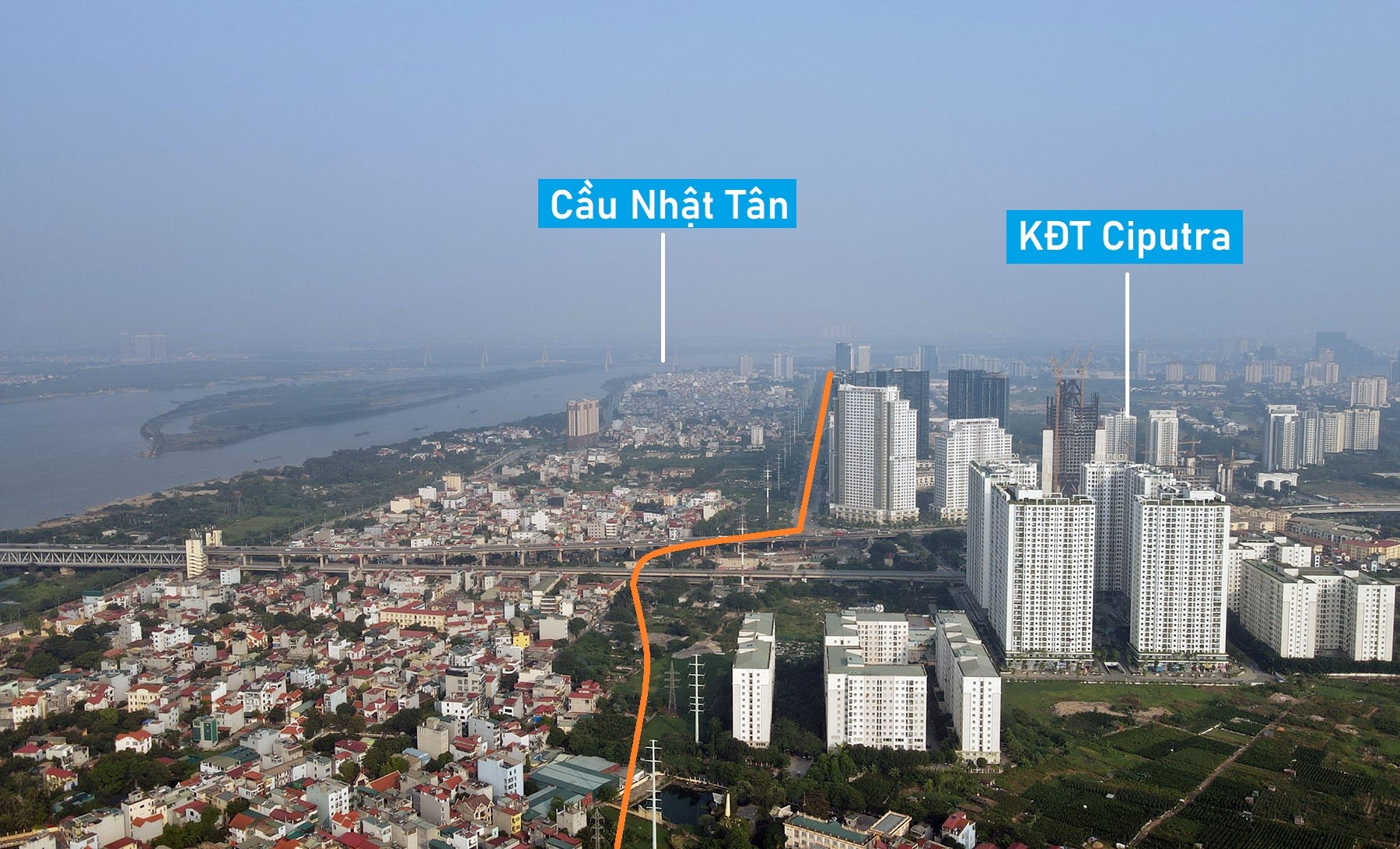 Toàn cảnh vị trí quy hoạch xây cầu vượt sông Nhuệ trên tuyến đường từ cầu Nhật Tân đến KCN Nam Thăng Long