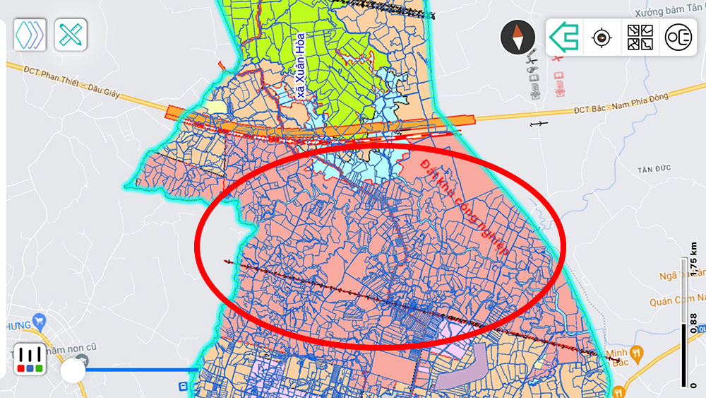 Bản đồ quy hoạch Khu công nghiệp Xuân Hòa (khoanh tròn) trên phần mềm Dnailis