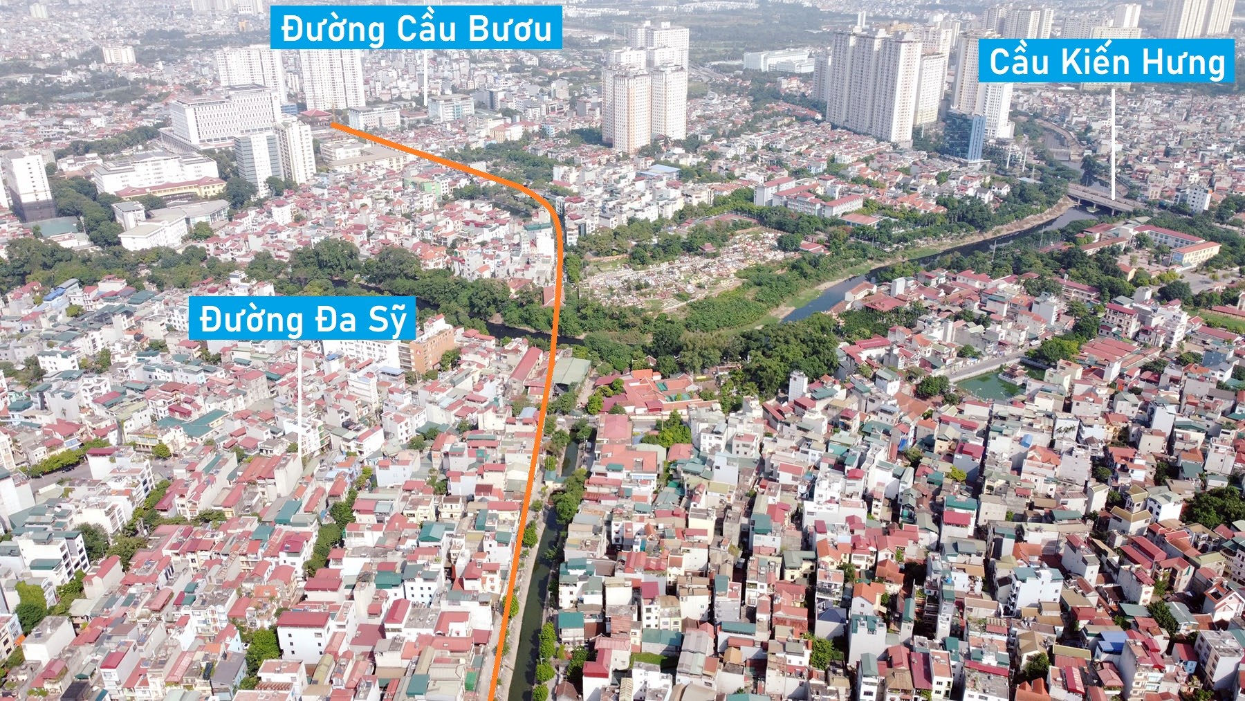 Toàn cảnh vị trí quy hoạch xây cầu vượt sông Nhuệ nối phường Phúc La - Kiến Hưng, Hà Đông, Hà Nội