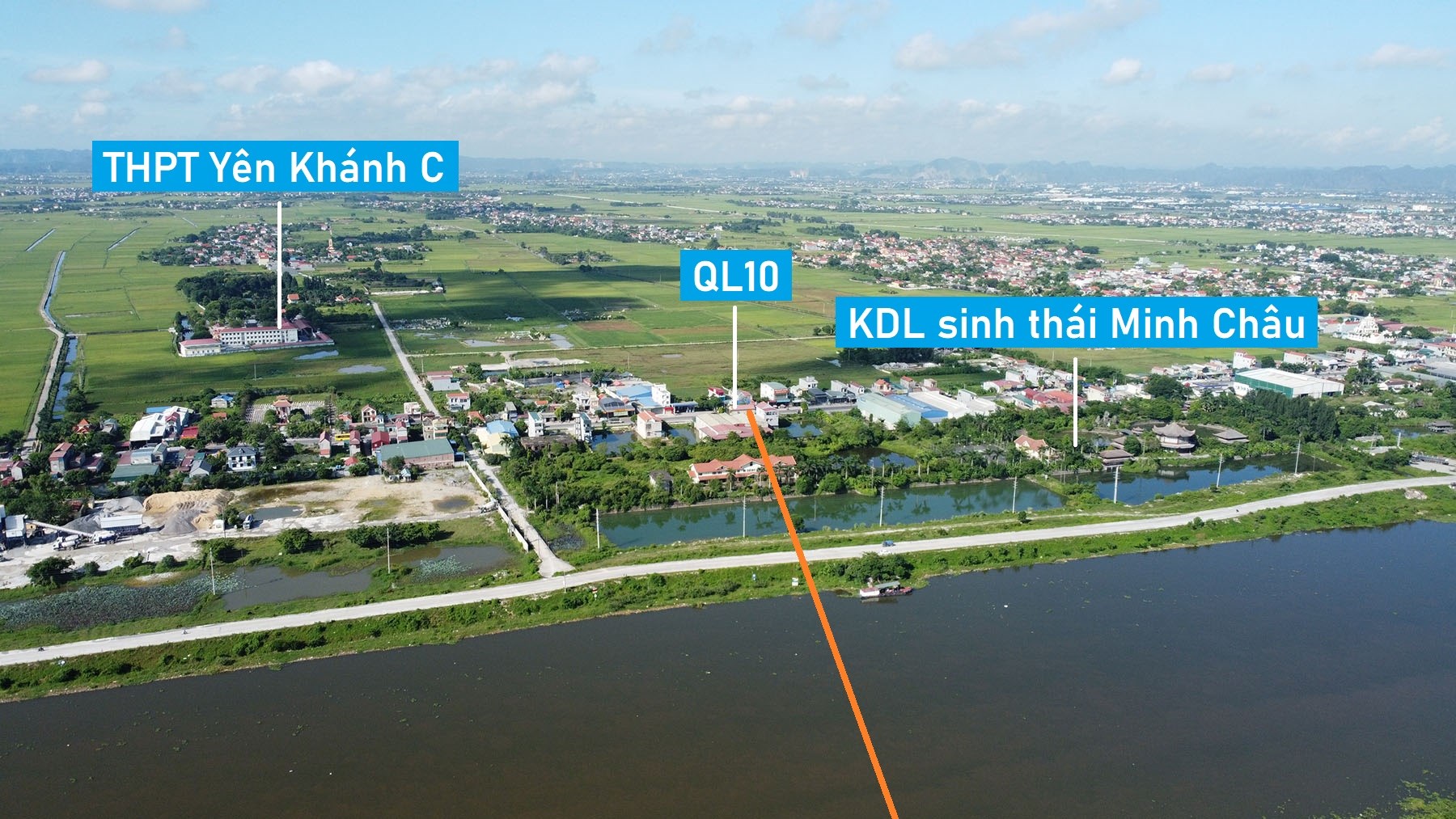 Toàn cảnh vị trí quy hoạch xây cầu đường sắt vượt sông Đáy nối Ý Yên, Nam Định với Yên Khánh, Ninh Bình