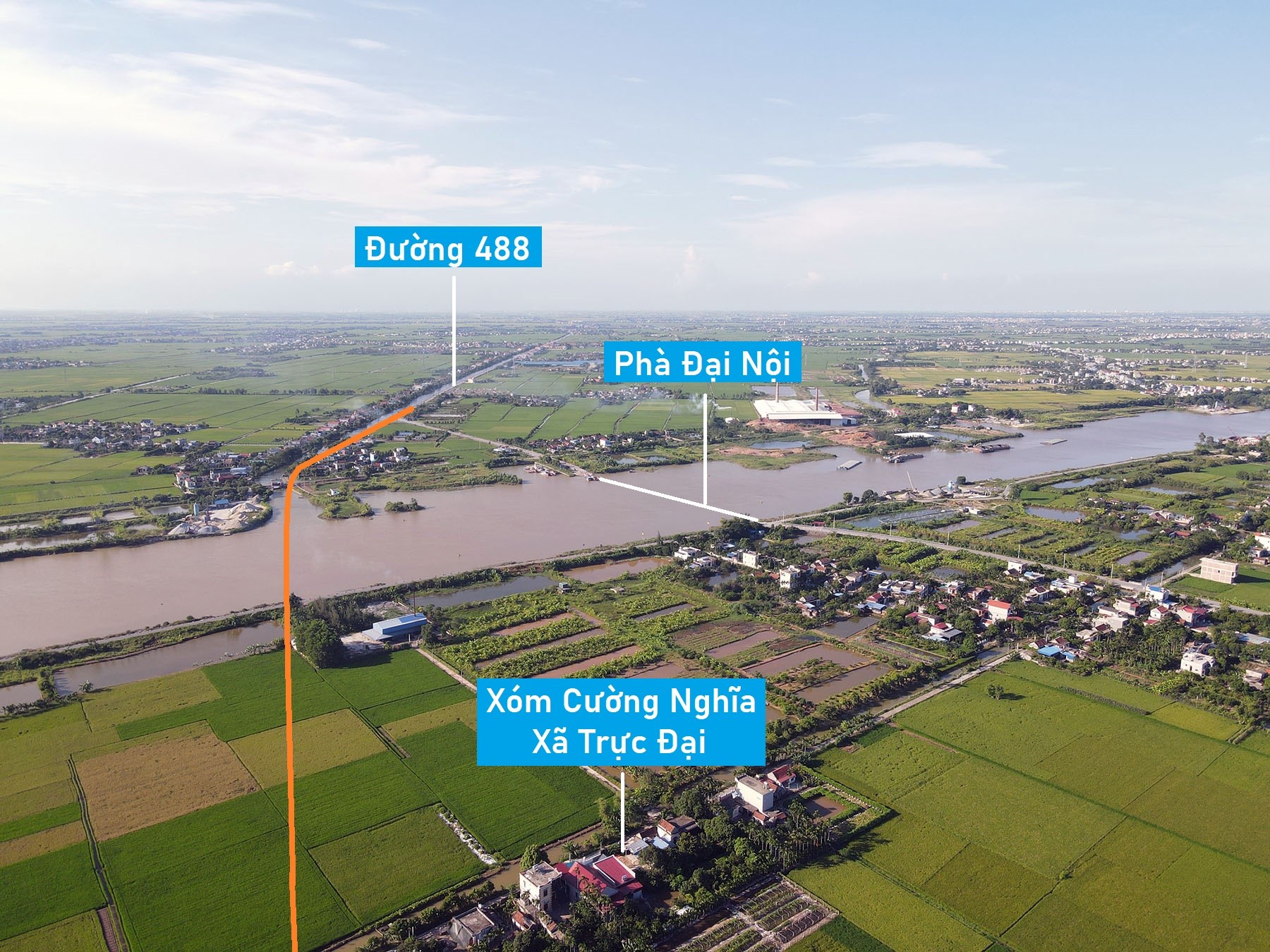 Toàn cảnh vị trí dự kiến quy hoạch cầu Đại Nội vượt sông Ninh Cơ gần phà Đại Nội, Trực Ninh, Nam Định