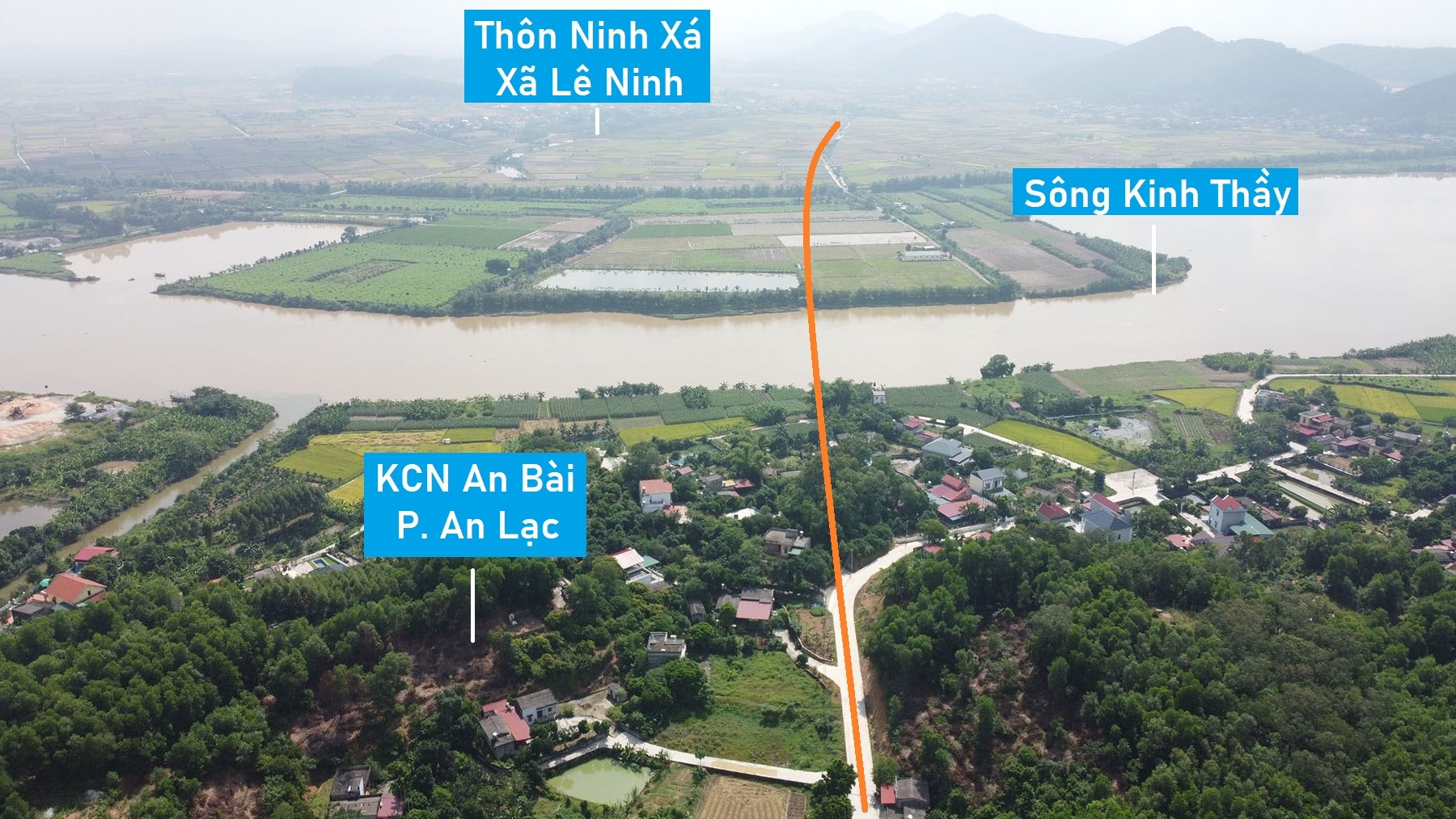 Toàn cảnh vị trí dự kiến quy hoạch cầu vượt sông Kinh Thầy nối TP Chí Linh - TX Kinh Môn, Hải Dương