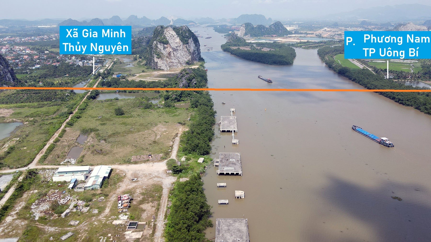 Toàn cảnh vị trí dự kiến quy hoạch cầu vượt sông Đá Bạch nối Thủy Nguyên, Hải Phòng với Uông Bí, Quảng Ninh