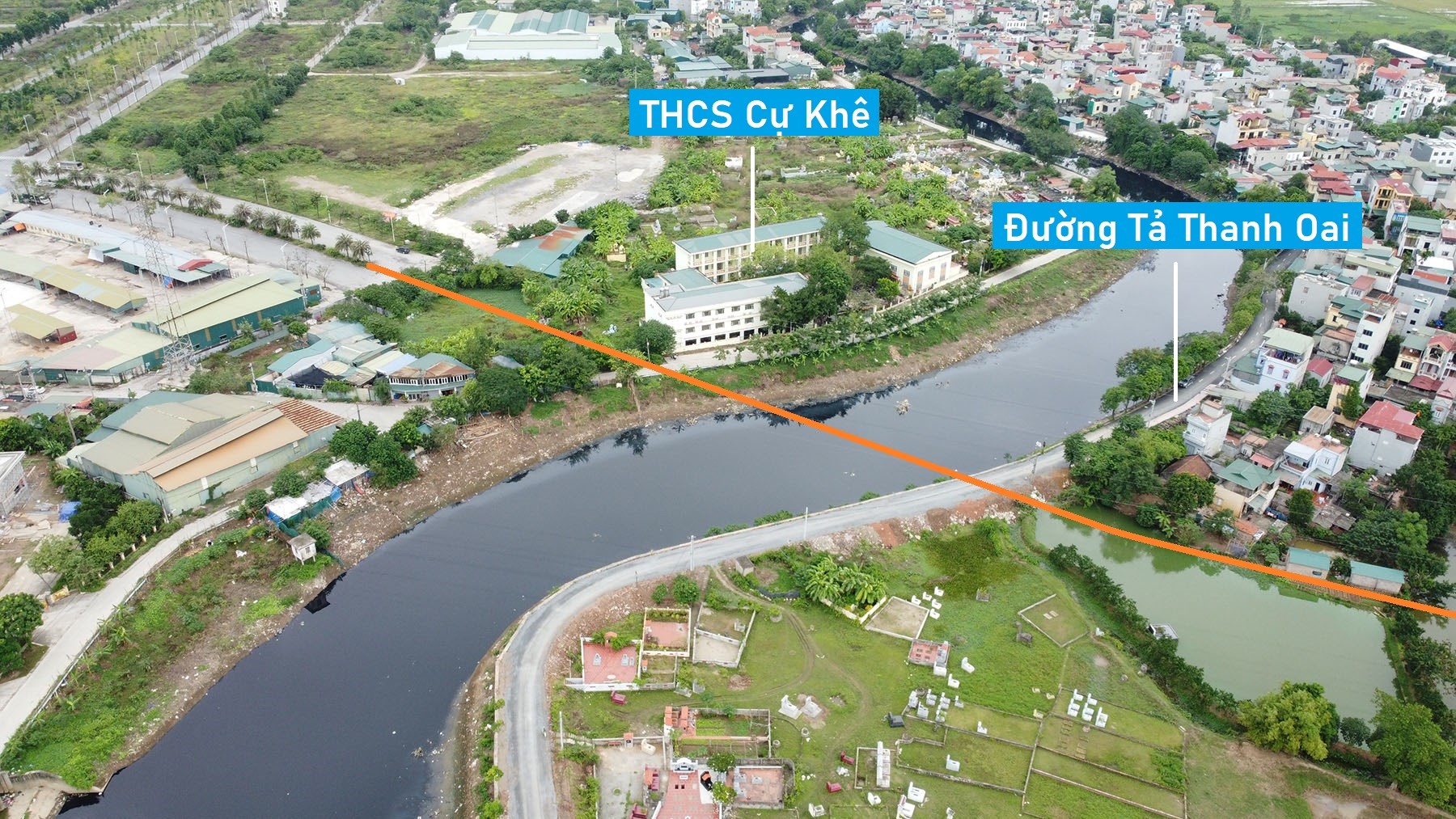 Toàn cảnh vị trí quy hoạch xây cầu vượt sông Nhuệ nối huyện Thanh Trì - Thanh Oai, Hà Nội