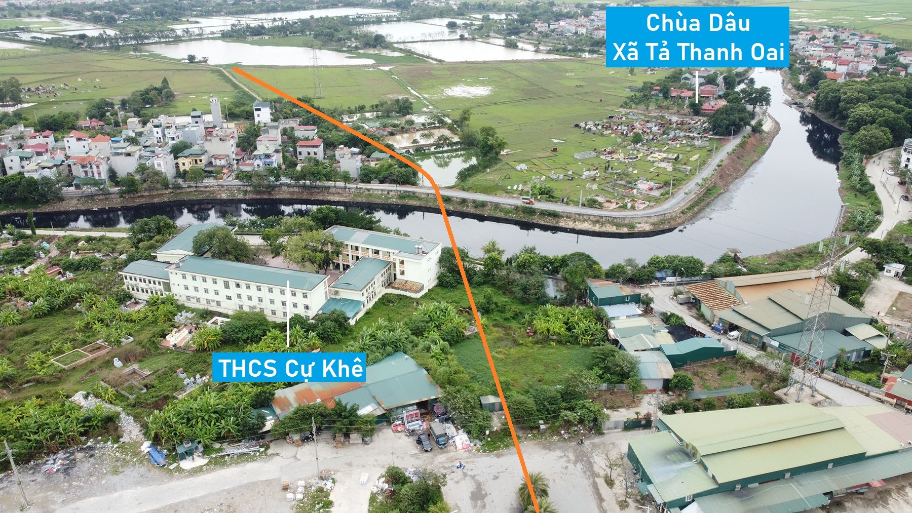 Toàn cảnh vị trí quy hoạch xây cầu vượt sông Nhuệ nối huyện Thanh Trì - Thanh Oai, Hà Nội