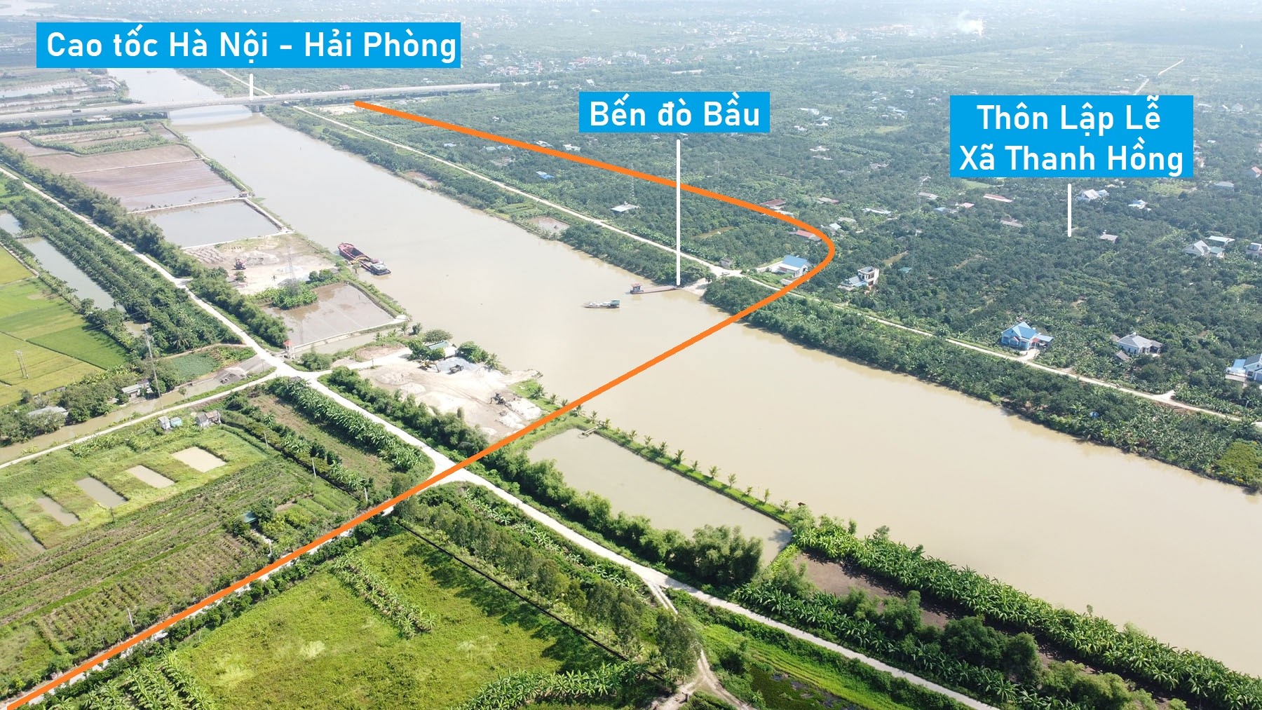 Toàn cảnh vị trí quy hoạch xây cầu vượt sông Thái Bình nối Thanh Hà - Tứ Kỳ, Hải Dương gần bến đò Bầu
