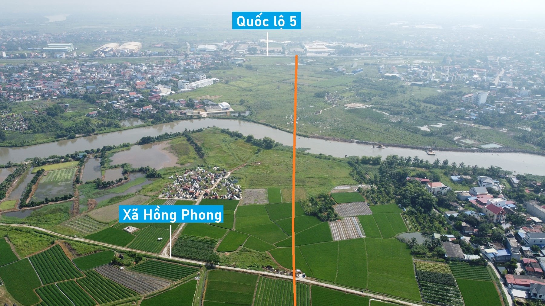 Toàn cảnh vị trí quy hoạch cầu vượt sông Rế ở huyện An Dương, nối xã Hồng Phong ra QL5 Hải Phòng
