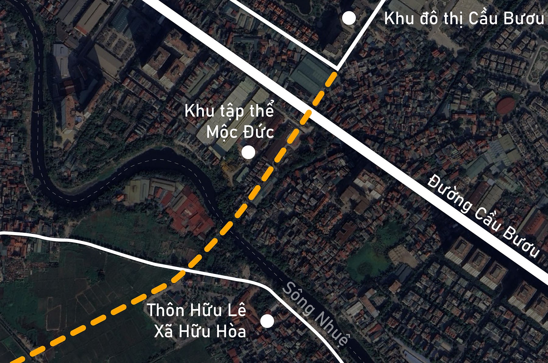 Toàn cảnh vị trí quy hoạch cầu vượt sông Nhuệ trên trục nối đường 70 với Vành đai 3,5 ở huyện Thanh Trì, Hà Nội