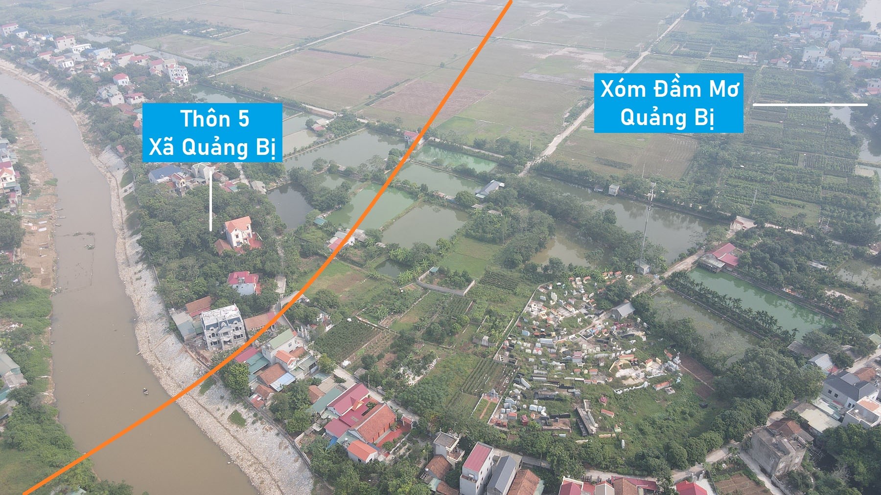 Toàn cảnh vị trí quy hoạch cầu vượt sông Đáy nối xã Quảng Bị - Mỹ Lương, Chương Mỹ, Hà Nội