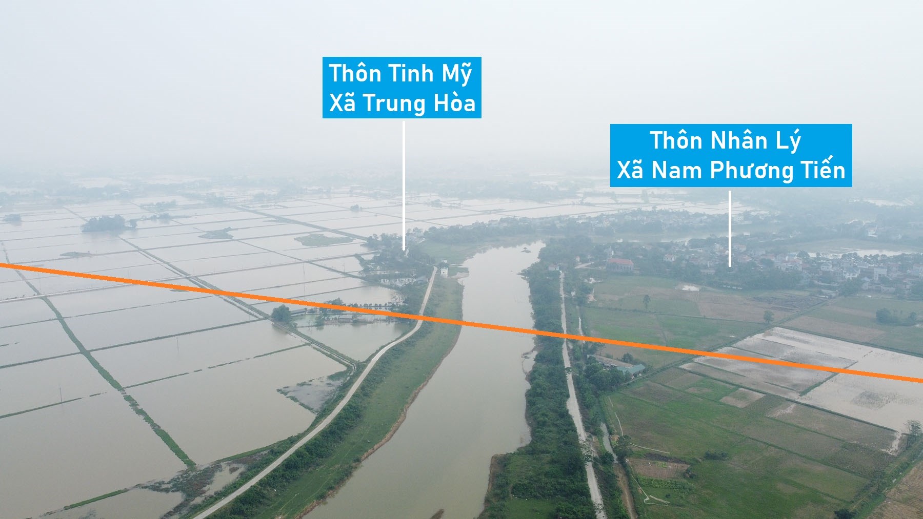 Toàn cảnh vị trí quy hoạch cầu vượt sông Đáy nối xã Trung Hòa - Nam Phương Tiến, Chương Mỹ, Hà Nội