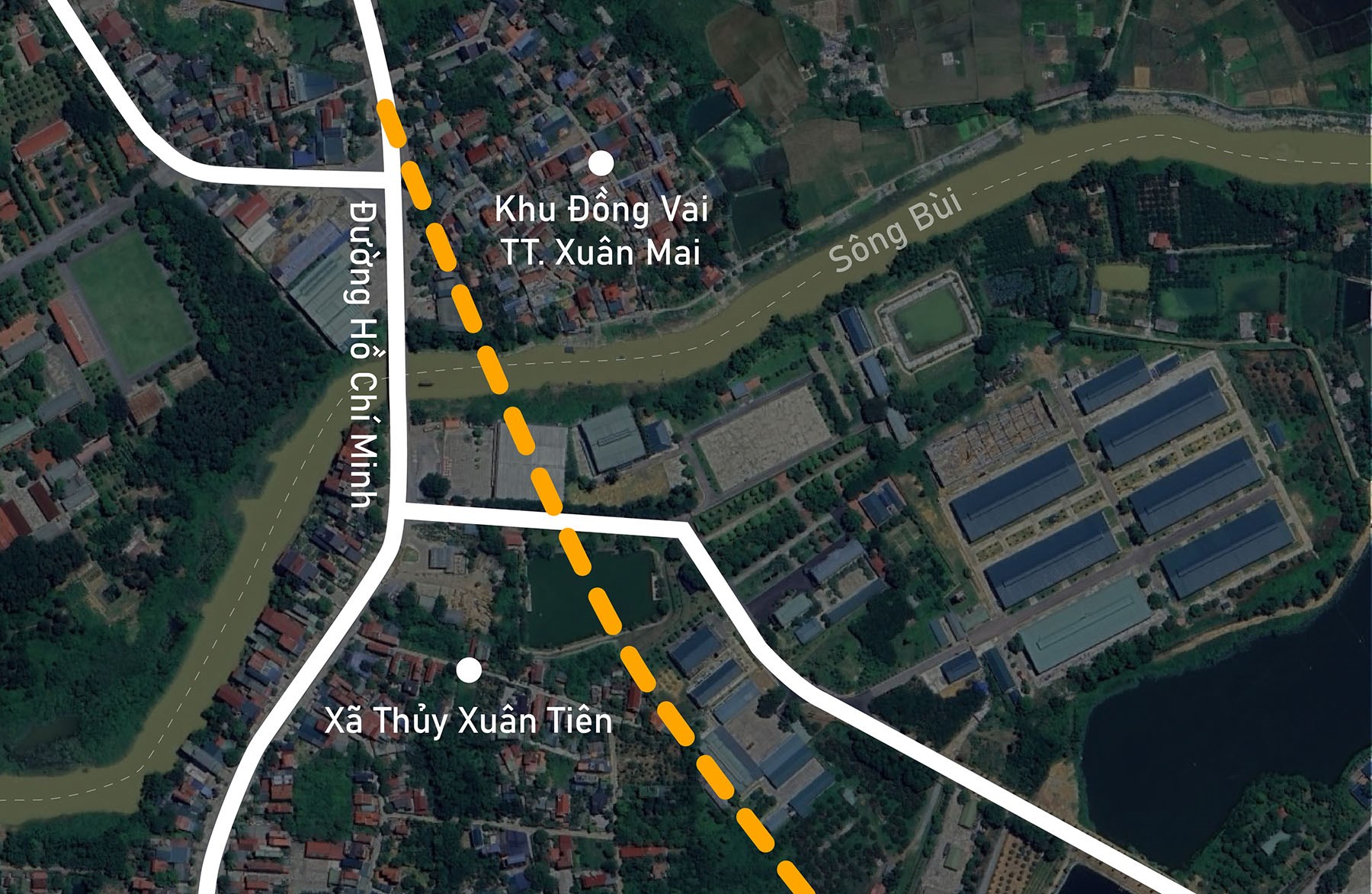 Toàn cảnh vị trí quy hoạch cầu vượt sông Bùi nối TT Xuân Mai với xã Thủy Xuân Tiên, Chương Mỹ, Hà Nội