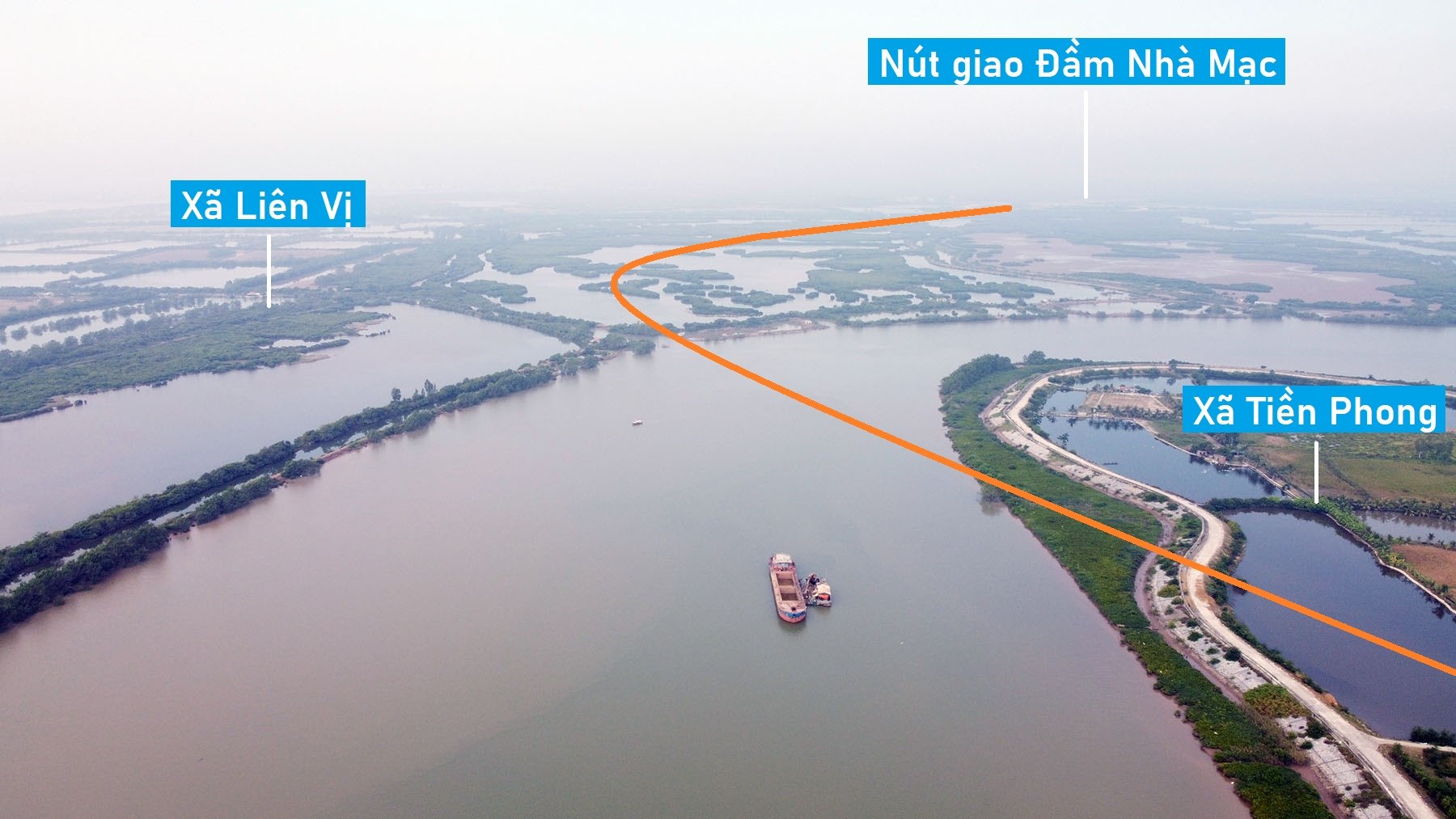 Toàn cảnh vị trí dự kiến quy hoạch cầu vượt sông Rút kết nối nút giao Đầm Nhà Mạc ở TX Quảng Yên, Quảng Ninh