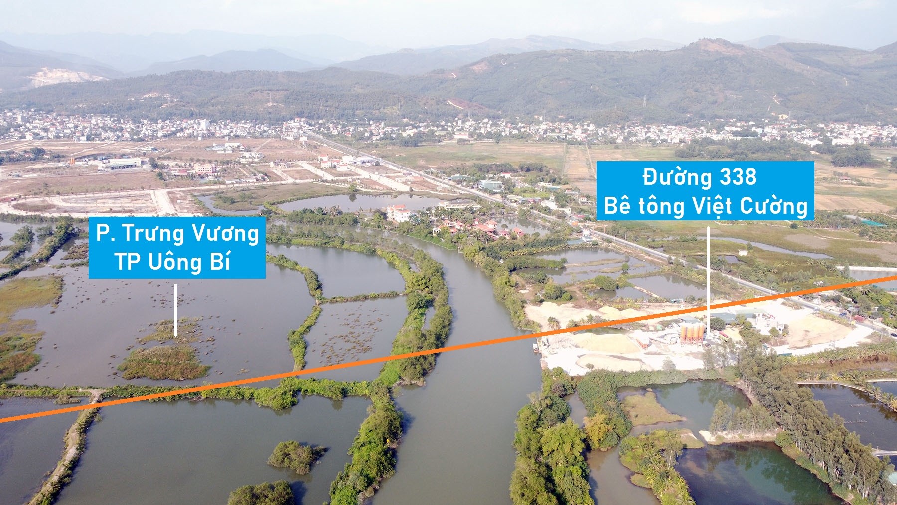 Toàn cảnh vị trí dự kiến quy hoạch cầu vượt sông Uông nối TP Uông Bí - TX Quảng Yên, Quảng Ninh