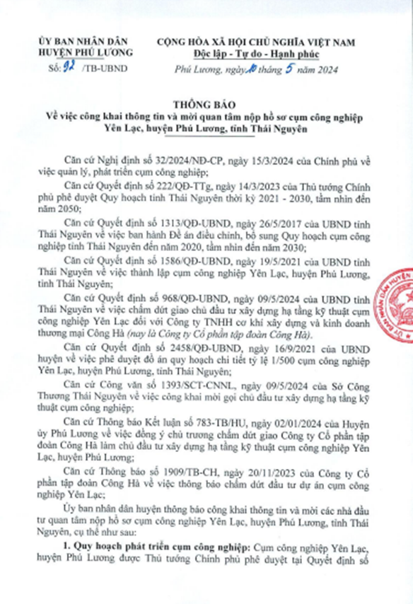 UBND huyện Phú Lương thông báo thông tin và mời các nhà đầu tư quan tâm nộp hồ sơ Cụm công nghiệp Yên Lạc.