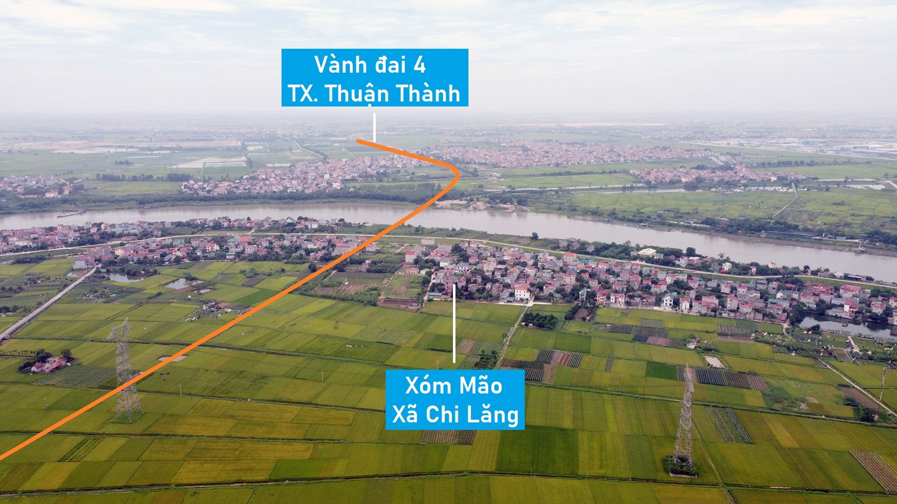 Toàn cảnh vị trí quy hoạch cầu đường sắt vượt sông Đuống nối Gia Bình - Quế Võ, Bắc Ninh