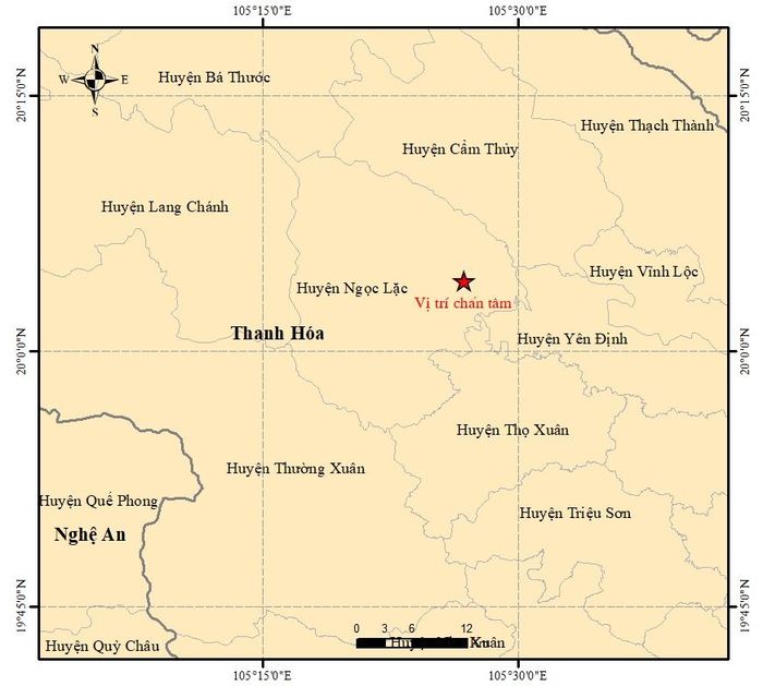 Bản đồ chấn tâm động đất tại Ngọc Lặc, Thanh Hóa. Ảnh: Viện Vật lý địa cầu