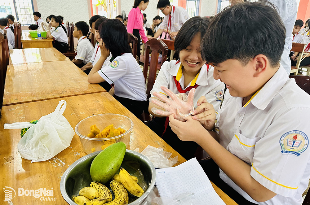 Học sinh Trường trung học cơ sở Xuân Mỹ hào hứng tham gia lớp học ngoại khóa về làm IMO và phân loại rác tại nguồn.