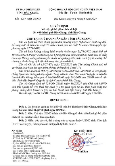 Gỡ bỏ giãn cách xã hội tại TP.Bắc Giang từ 06h00' ngày 24/6/2021