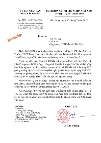 Phê bình Chủ tịch huyện Tân Yên liên quan đến phòng, chống Covid-19