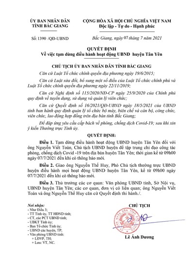 Bắc Giang: Tạm dừng điều hành Chủ tịch H.Tân Yên để phòng chống dịch