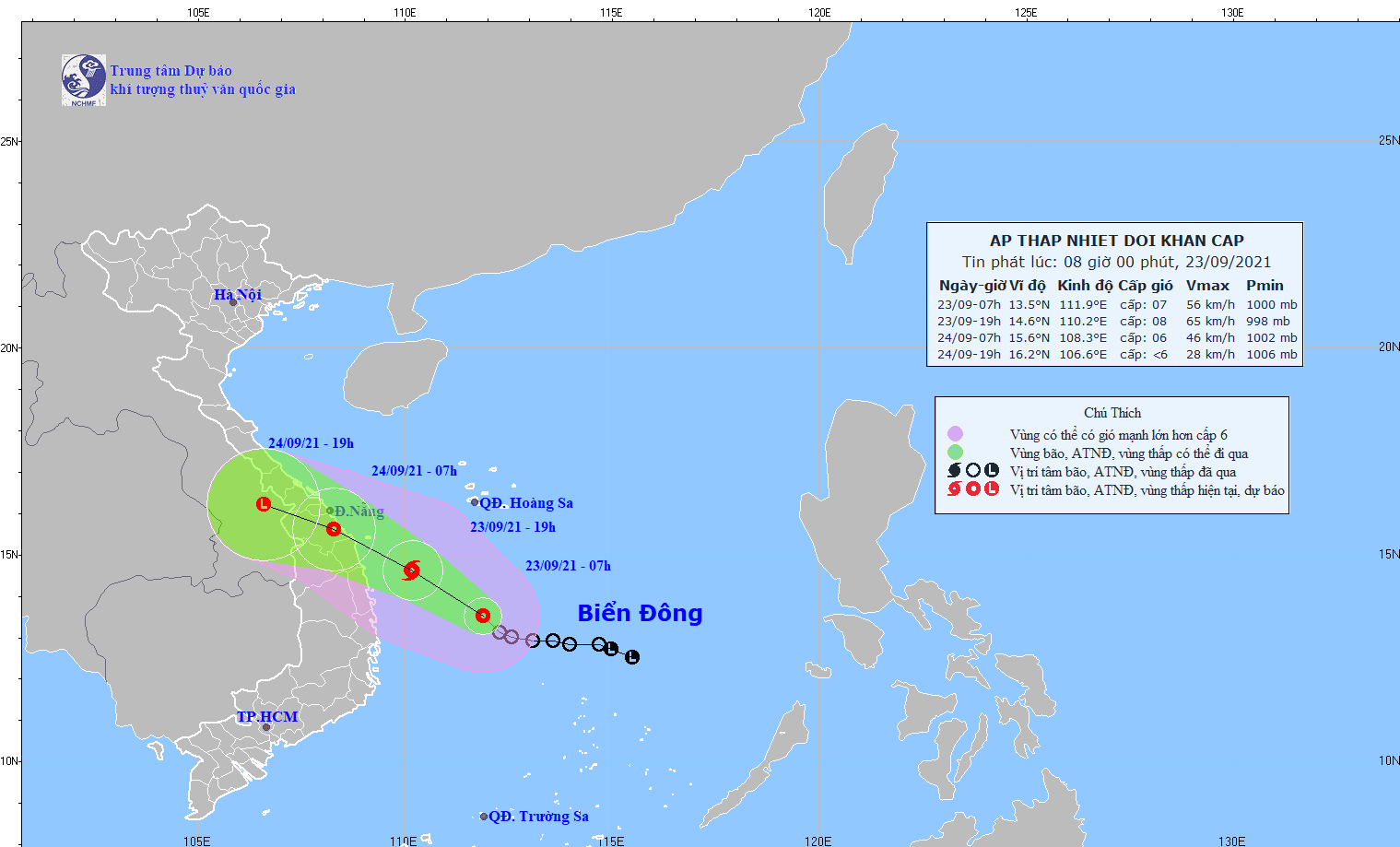 Sáng nay 23/9, áp thấp nhiệt đới cách bờ biển Phú Yên khoảng 280km