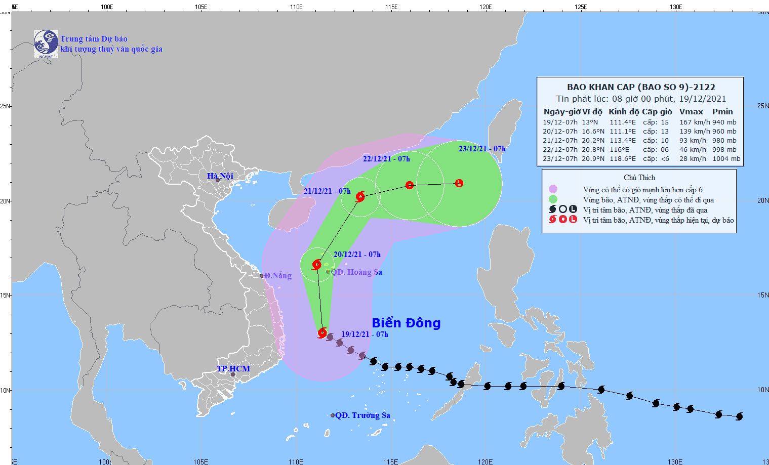 Dự báo hướng đi của siêu bão RAI trên Biển Đông