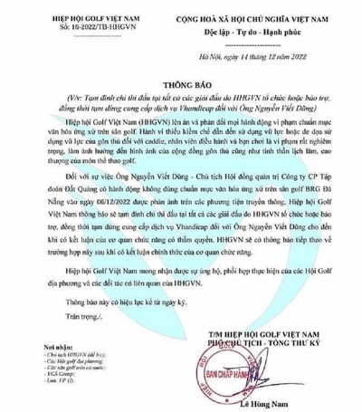 Hiệp hội Golf Việt Nam tạm đình chỉ ông Nguyễn Viết Dũng thi đấu ở các giải
