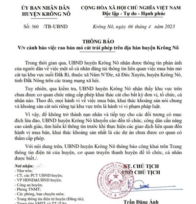 Đắk Nông: Huyện Krông Nô cảnh báo việc rao bán mỏ cát trái phép